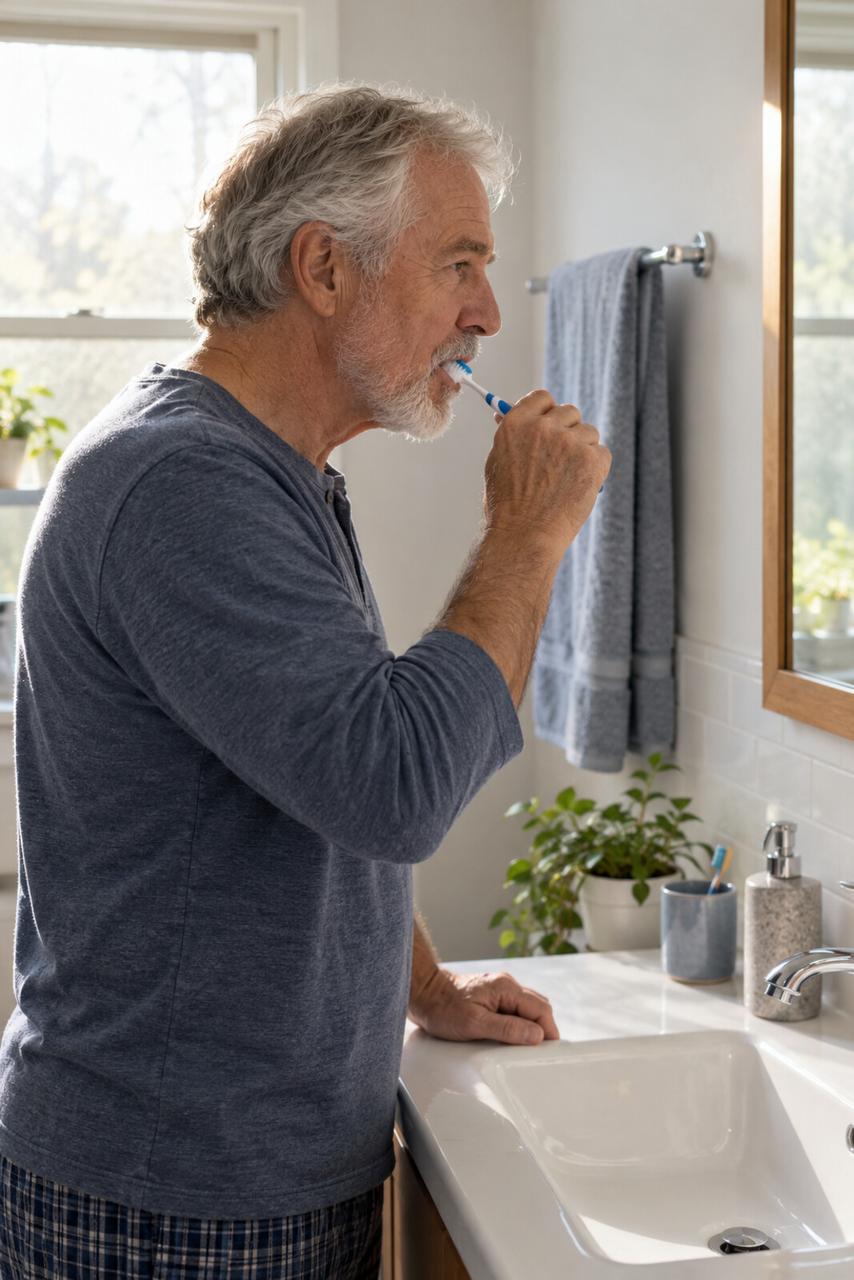 An older man brushes his teeth at a bathroom sink.