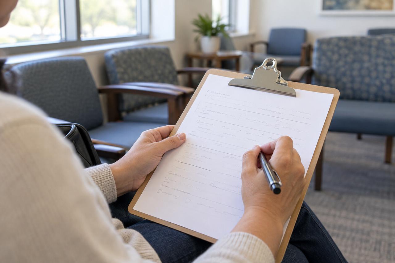 Hands fill out a clipboard form in a clinic waiting room.