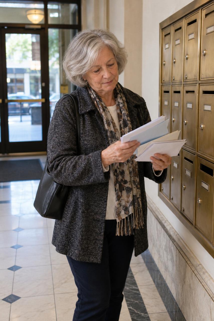 An older woman checks her mail at a row of brass lobby mailboxes.