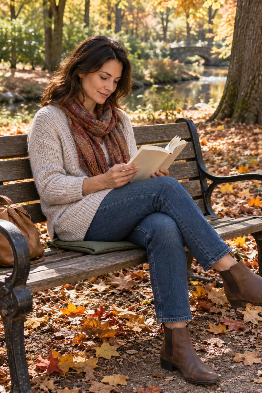 A woman reads on a park bench, with autumn leaves on the ground.