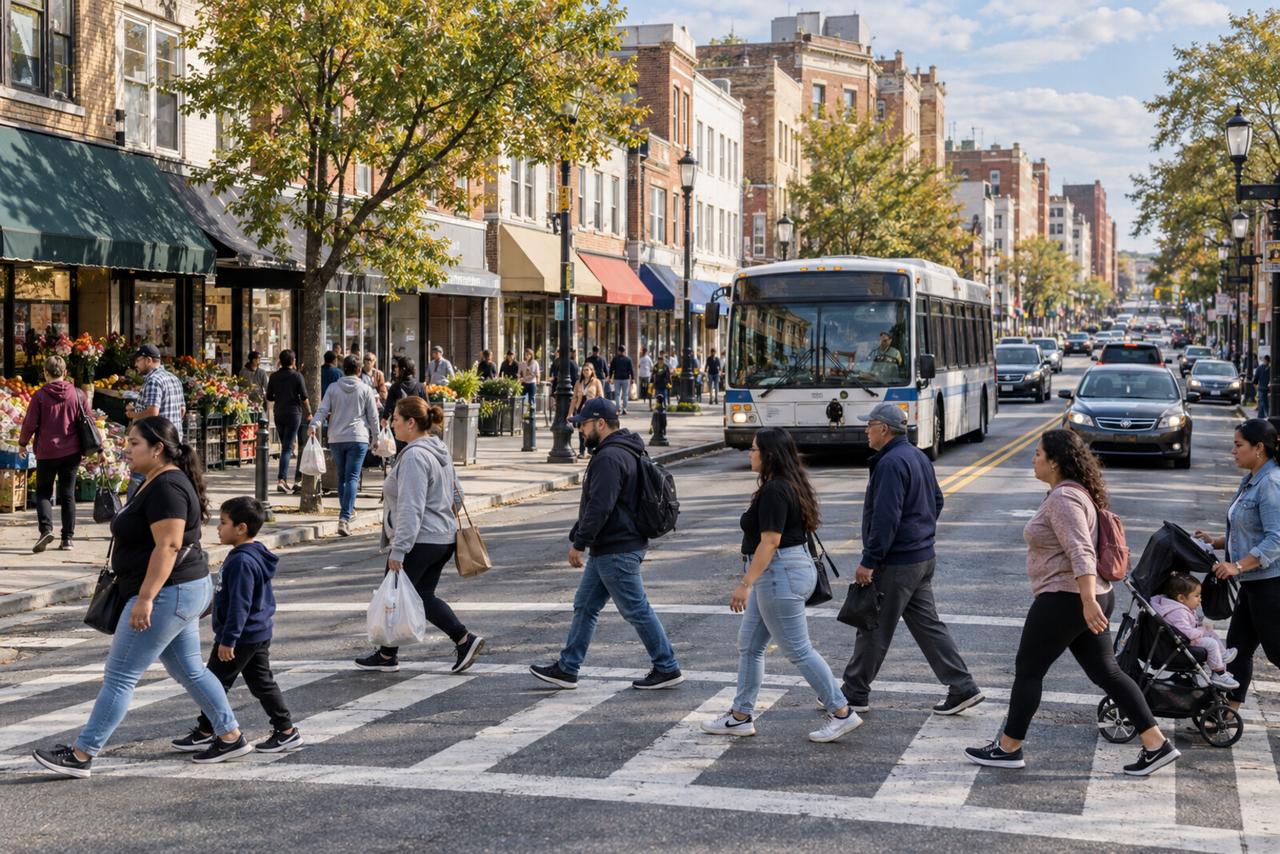 A busy Passaic street with a bus, crosswalk pedestrians and storefronts.